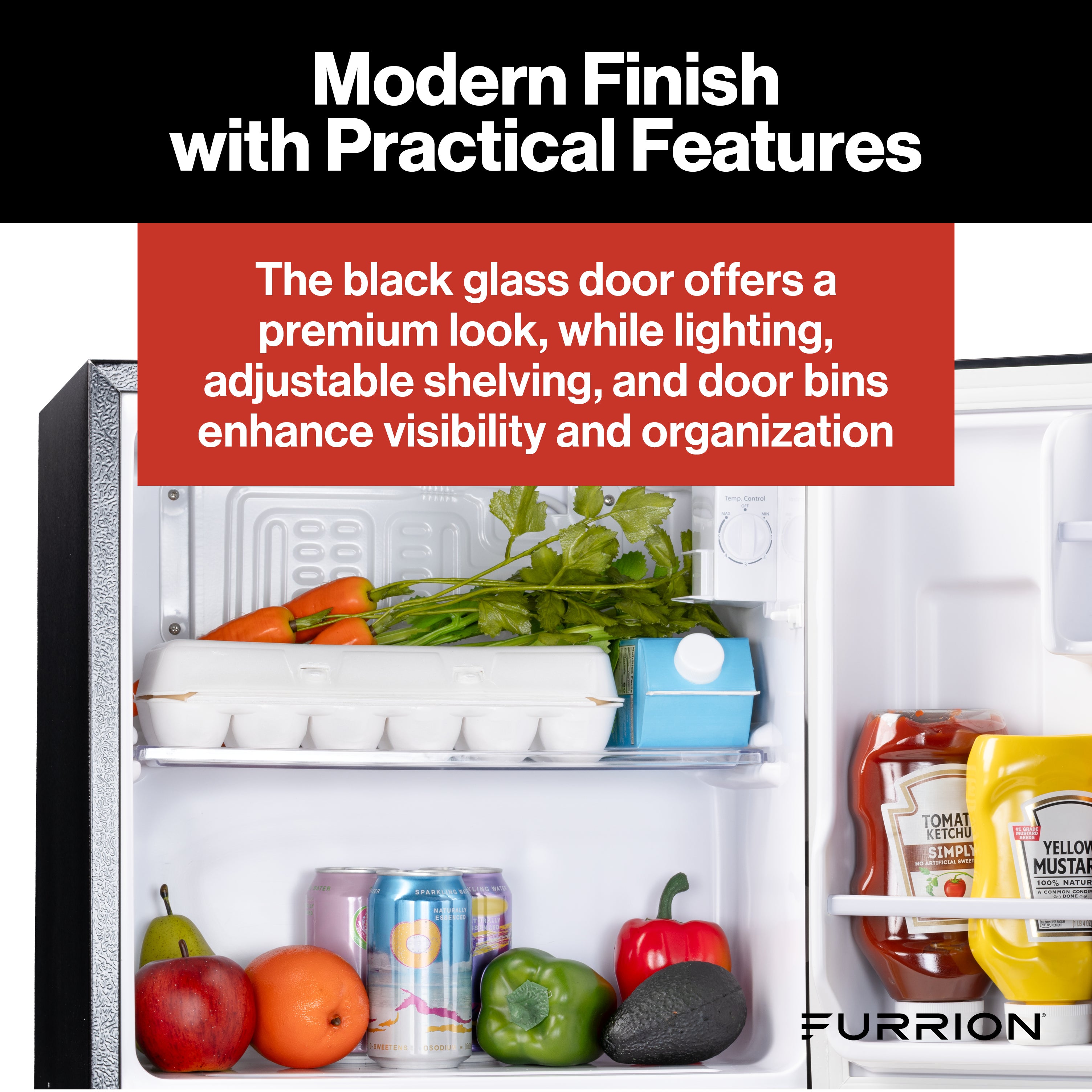 Furrion RV Refrigerator - 110V, 1.6 cu. ft., Black Glass Finish 1-6-CUFT-110V-REFRIGERATOR-NO-FREEZER