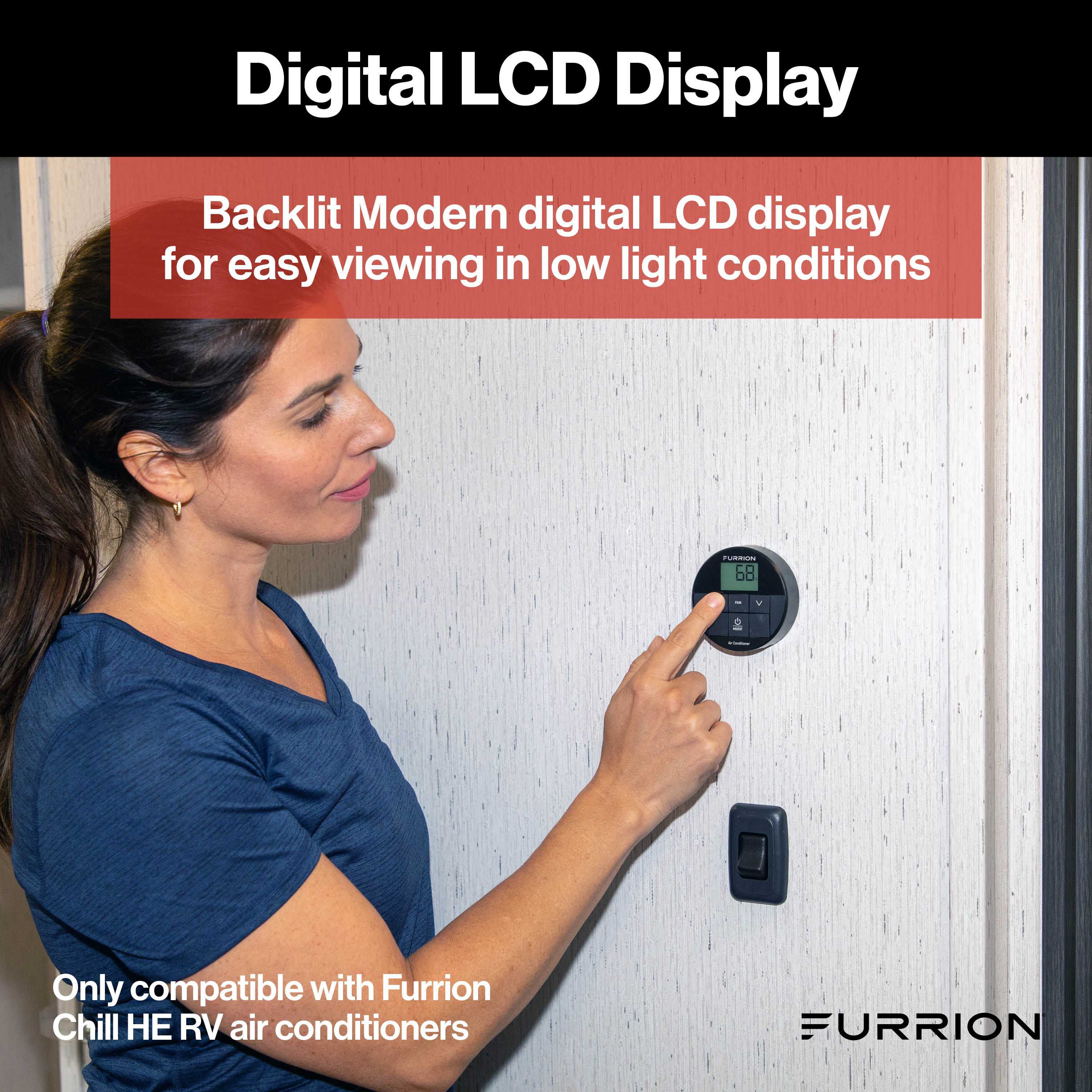 Furrion Chill® Single-Zone Basic Backlit LED Wall Thermostat - Black, 2 Fan Speeds (R32) #FACW10ESSA2-BL-AM2024042659